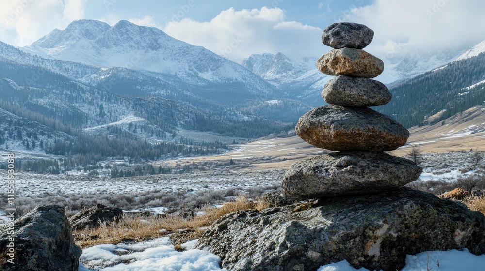 Balanced stone stack in tranquil snowy mountain landscape with rugged peaks and serene valley in winter scenery. Balanced stone stack in tranquil snowy mountain landscape with rugged peaks and serene valley in winter scenery.