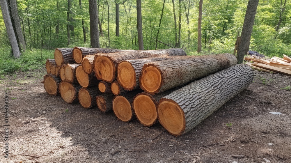 Stack of freshly cut tree trunks ready for use in woodworking and construction in a forested area surrounded by greenery Stack of freshly cut tree trunks ready for use in woodworking and construction in a forested area surrounded by greenery