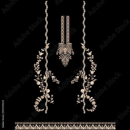 A over asian embroidery neckline and border lace design with floral motifs leafs leaves trendy mughal ornaments.