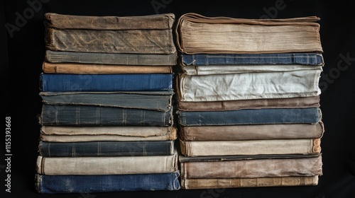 Vintage cloth-covered books stacked in a tidy arrangement showcasing aged bindings and library aesthetics on a dark background. photo