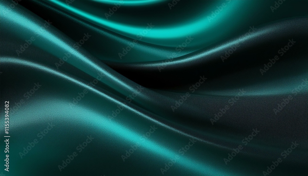 Obraz premium Generated image, Black dark teal jade emerald sea aventurine green abstract background. Silk satin fabric. Glitter shimmer. Color gradient. Line stripe wave shadow. Drapery curtain. Luxury elegant sub