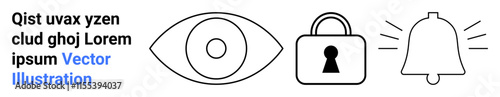Eye, lock, and bell icons represent visibility, security, and notifications. Ideal for security alerts, data privacy, surveillance, online safety notification systems access control and user