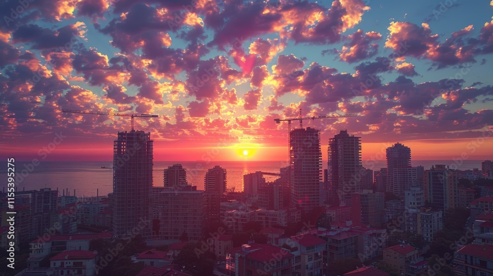 Fototapeta premium Vibrant sunrise over coastal city skyline with construction cranes.