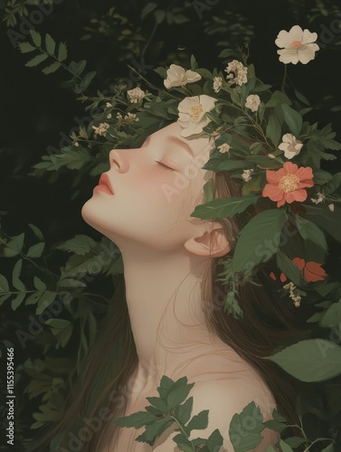 Enchanted Forest Nymph Among Blossoms - A serene nymph rests amidst lush foliage, a floral crown adorning her head, symbolizing nature, peace, beauty, dreams, and magic. photo