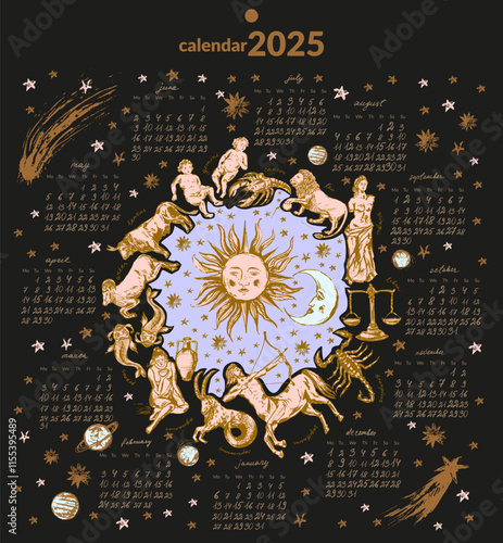 Monthly calendar with hand drawn zodiac signs illustration, planets, sun, moon, stars