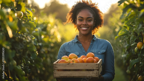 A confident young female farmer holding a crate of freshly picked fruit in a vibrant orchard photo