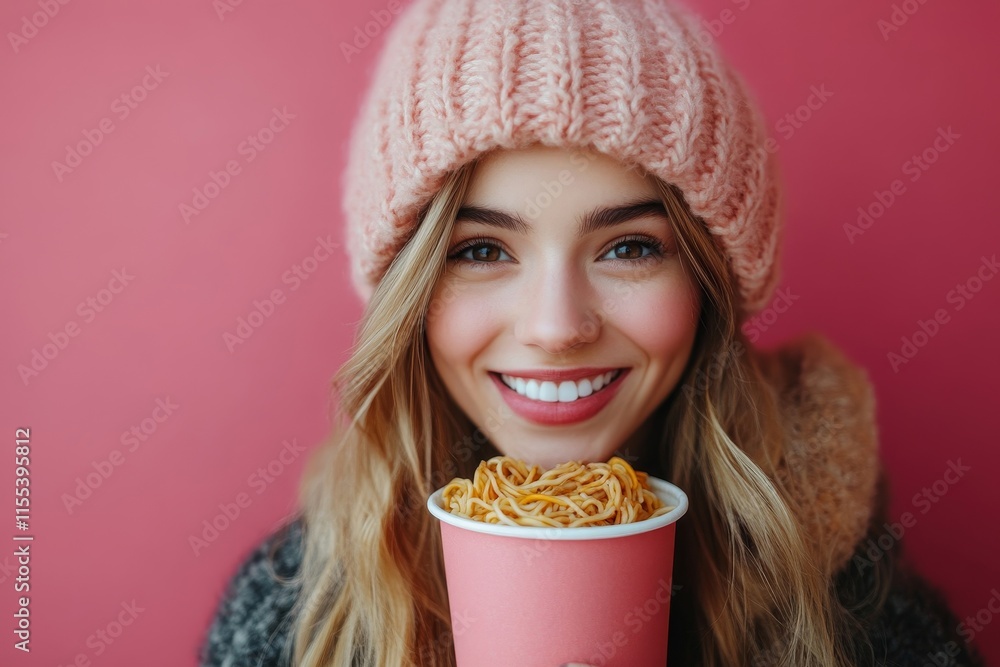 Young female eating instant noodle isolated on background, Generative AI Young female eating instant noodle isolated on background, Generative AI