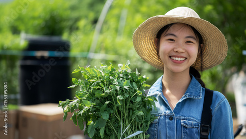 A confident young female farmer holding a crate of freshly picked fruit in a vibrant orchard photo