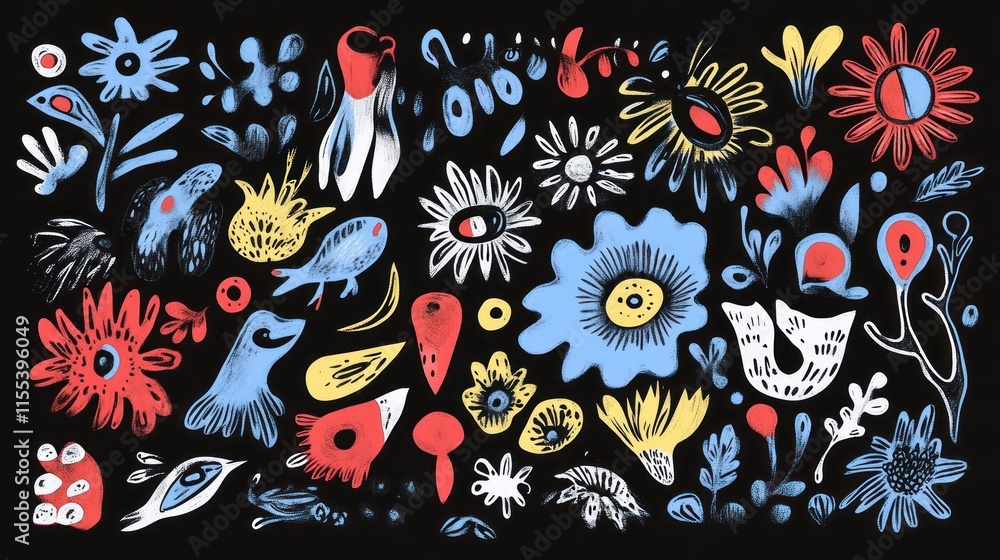 Fototapeta premium Vibrant Floral and Fauna Fantasy: A Whimsical Hand-Drawn Illustration