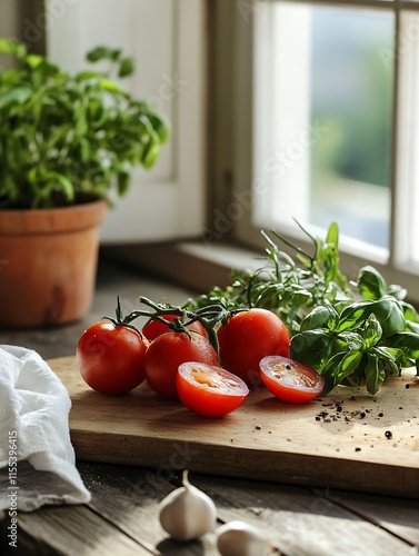 Fresh Vineripened Tomatoes with Basil in Sunlit Rustic Kitchen : Generative AI photo