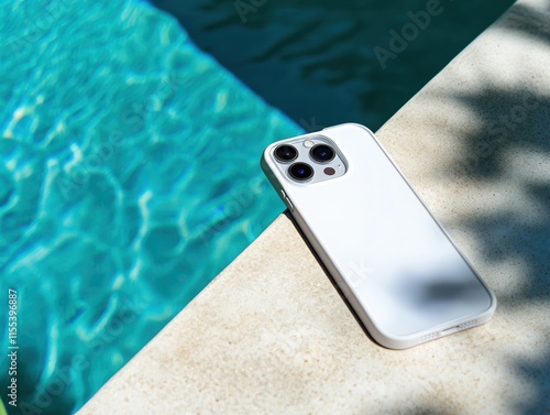 Modern Smartphone case mockup on Poolside with Calm Blue Water and Natural Lighting