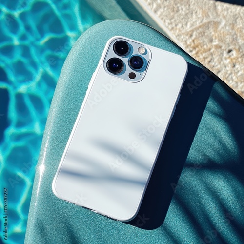 Modern Smartphone case mockup on Poolside with Calm Blue Water and Natural Lighting