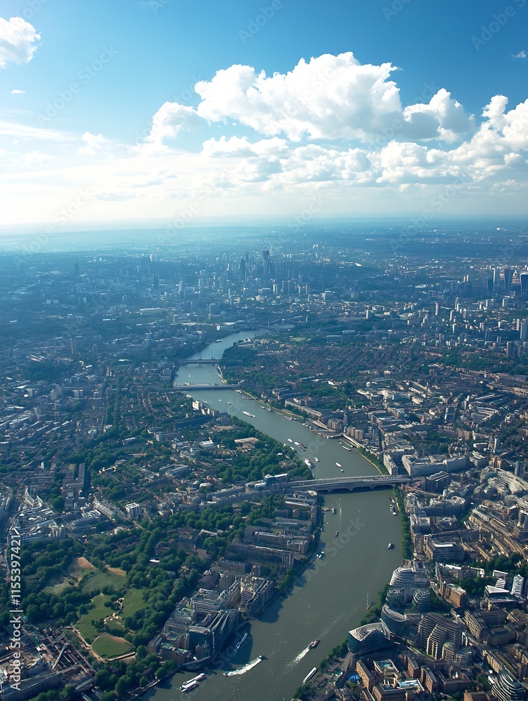 Fototapeta premium Scenic Aerial View of Iconic City Landscape with Serpentine River and Skyscrapers : Generative AI
