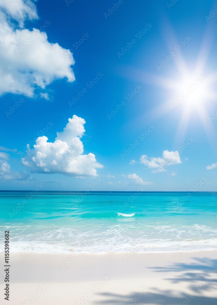 Tropical paradise, pristine white sand beach, crystal clear turquoise water, bright sunburst in clear blue sky, fluffy white clouds, calm ocean waves, serene coastal landscape, sun-drenched shoreline, Tropical paradise, pristine white sand beach, crystal clear turquoise water, bright sunburst in clear blue sky, fluffy white clouds, calm ocean waves, serene coastal landscape, sun-drenched shoreline,