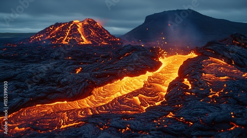 Molten Lava Flowing from Active Volcanic Crater at Nighttime : Generative AI