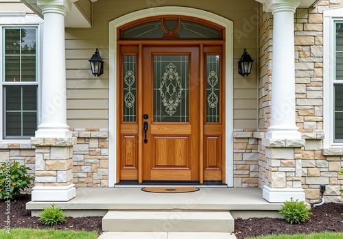 Main entrance door in house. Wooden front door with gabled porch and landing. Exterior of georgian style home cottage with columns and stone cladding