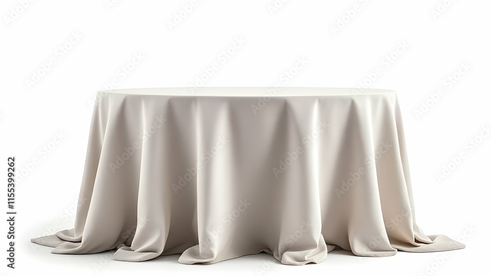 A pristine, light beige tablecloth elegantly drapes a round table. The fabrics soft folds create a luxurious feel against the pure white background. Simple, clean, and sophisticated. A pristine, light beige tablecloth elegantly drapes a round table. The fabrics soft folds create a luxurious feel against the pure white background. Simple, clean, and sophisticated.