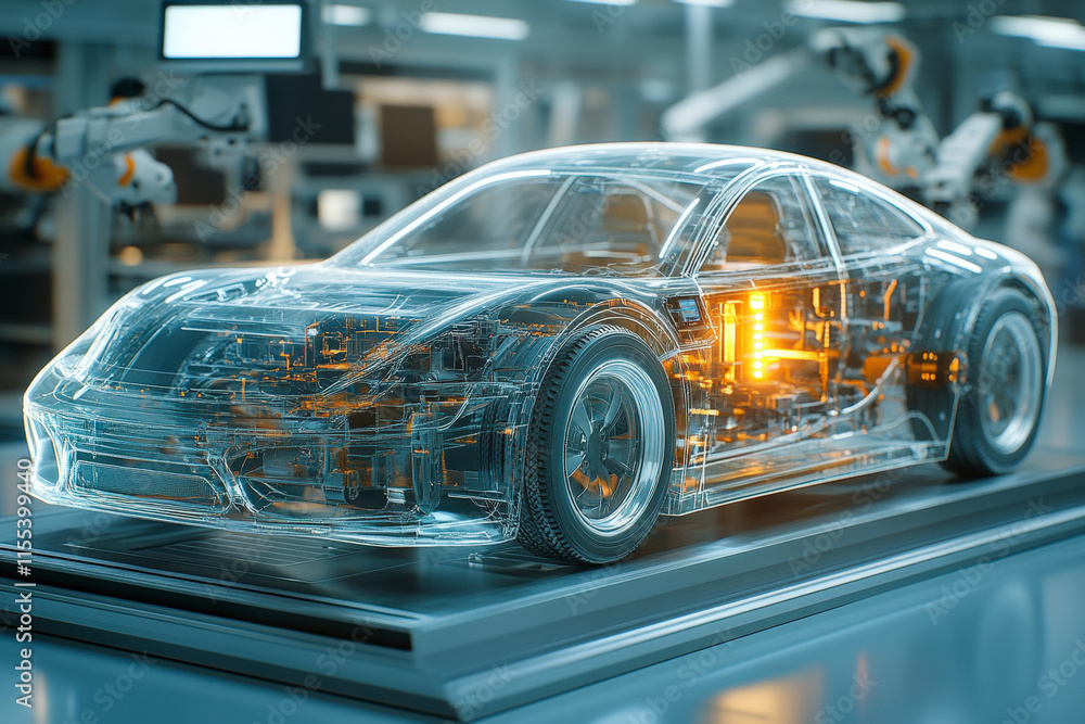 Futuristic transparent car highlighting advanced automotive technology in a modern factory setting, showcasing innovation and engineering excellence. Futuristic transparent car highlighting advanced automotive technology in a modern factory setting, showcasing innovation and engineering excellence.