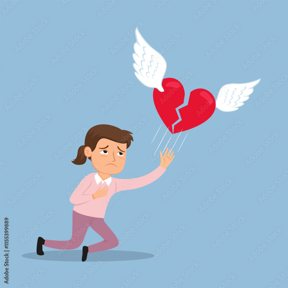 A woman with a broken heart watching her heart flying away ,Cartoon character heartbroken woman. Flat, Vector, Illustration, Cartoon, EPS10. A woman with a broken heart watching her heart flying away ,Cartoon character heartbroken woman. Flat, Vector, Illustration, Cartoon, EPS10.