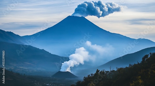 Active Volcano with Smoke Plumes in Majestic Mountain Landscape : Generative AI photo