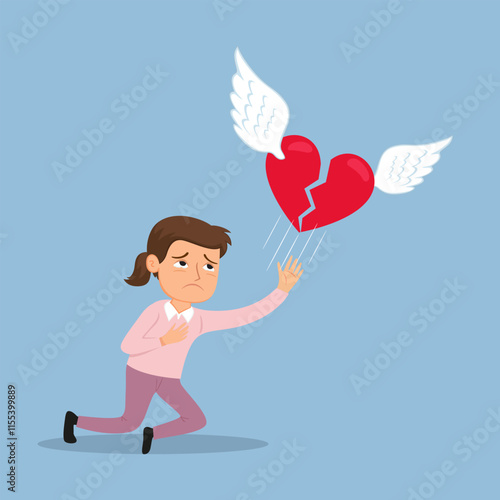 A woman with a broken heart watching her heart flying away ,Cartoon character heartbroken woman. Flat, Vector, Illustration, Cartoon, EPS10.   
