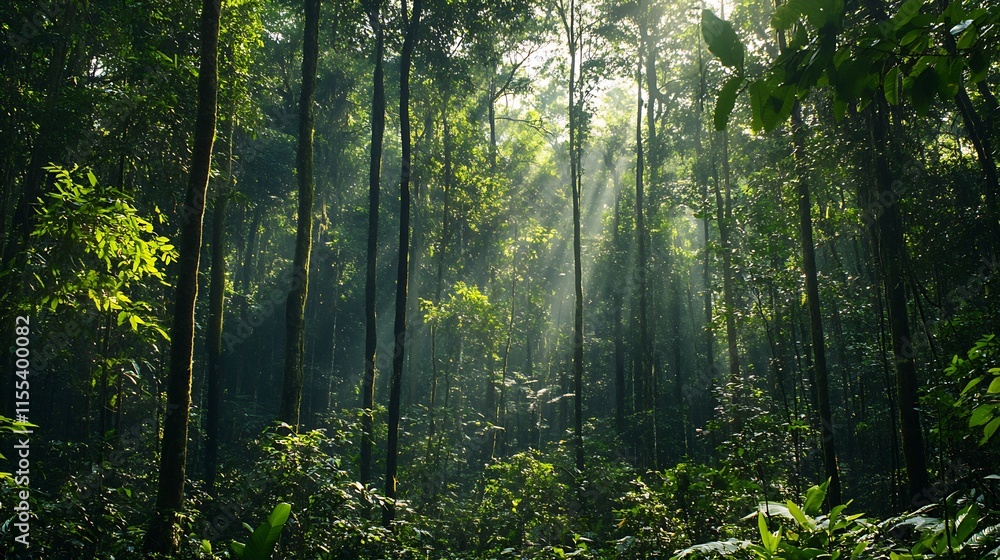Naklejka premium Serene Dense Green Forest with Sunlight Filtering Through Tall Trees : Generative AI
