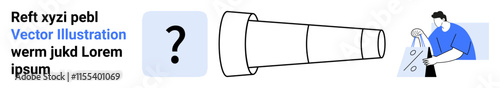 Man making adjustments on oversized paper, telescope on tripod, magnifying glass with Vector Illustration, question mark icon and text block. Ideal for educational, technology, exploration, learning