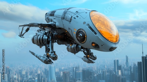 Futuristic City Transport Vehicle - Sleek design, advanced technology, urban setting, aerial view, future transportation. photo