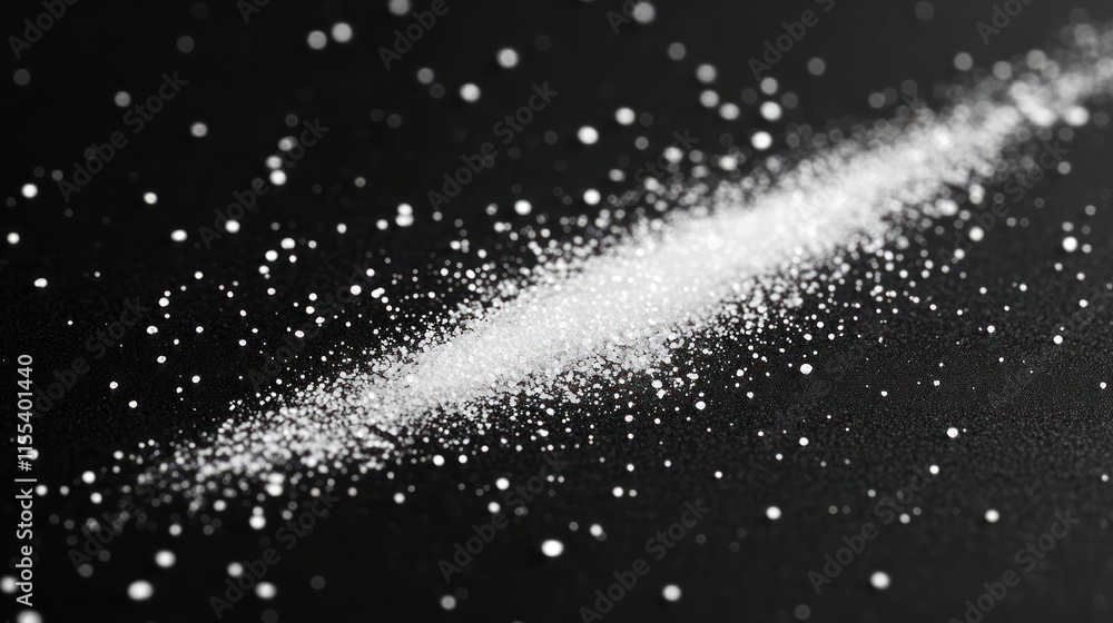 White powdered substance scattered on a dark surface. White powdered substance scattered on a dark surface.