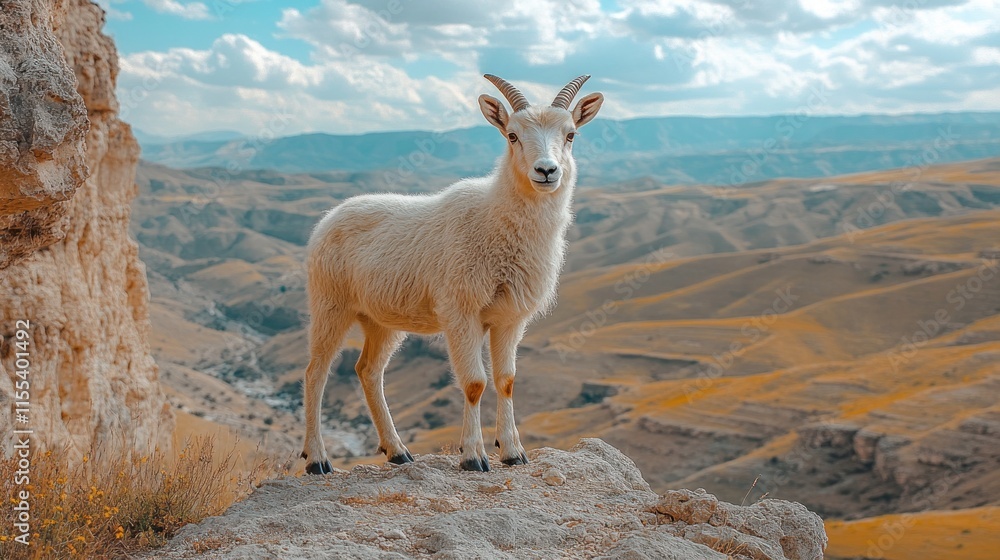 White mountain goat stands on rocky peak overlooking valley landscape.
