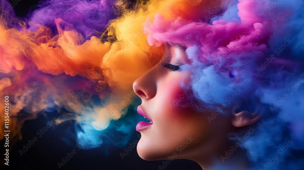 Fototapeta premium Woman Surrounded by Colorful Smoke - A woman's face is enveloped in vibrant, swirling smoke, symbolizing creativity, imagination, transformation, energy, and freedom.