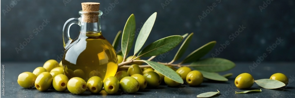 A bottle of extra virgin olive oil is placed on a bed of fresh olives with an olive branch nearby on a dark stone background with some fallen leaves around it, olives, dark stone, background A bottle of extra virgin olive oil is placed on a bed of fresh olives with an olive branch nearby on a dark stone background with some fallen leaves around it, olives, dark stone, background