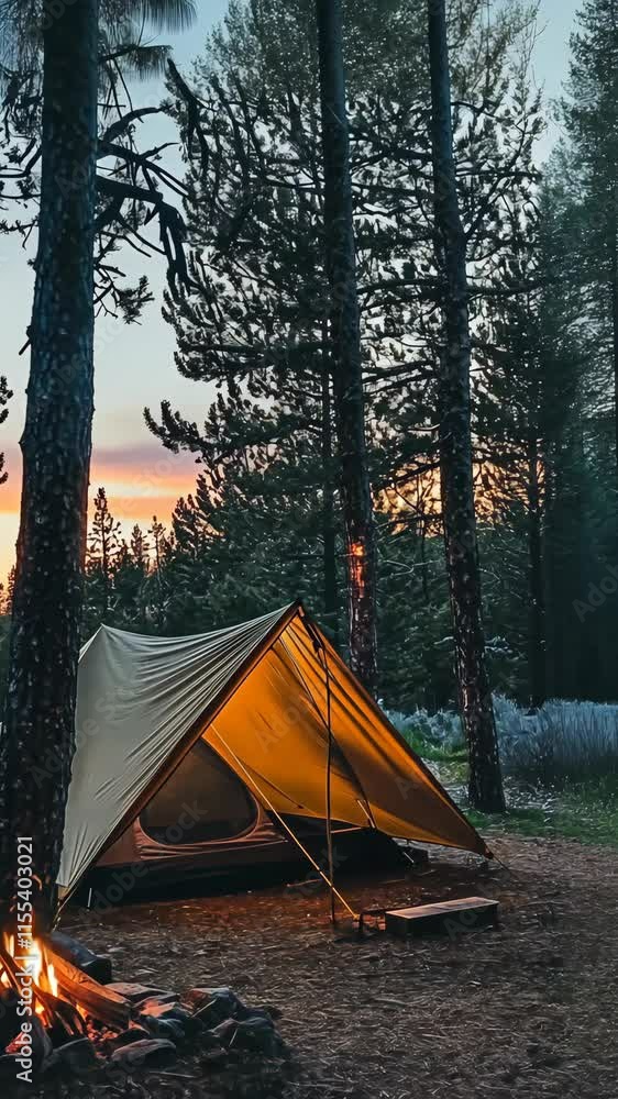 Camping in a serene forest at dusk with a glowing tent and a warm campfire Camping in a serene forest at dusk with a glowing tent and a warm campfire