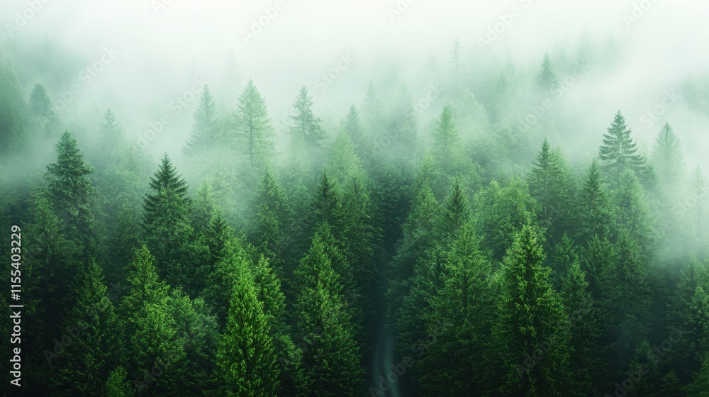 Misty morning in lush green forest with towering pine trees and gentle fog Misty morning in lush green forest with towering pine trees and gentle fog