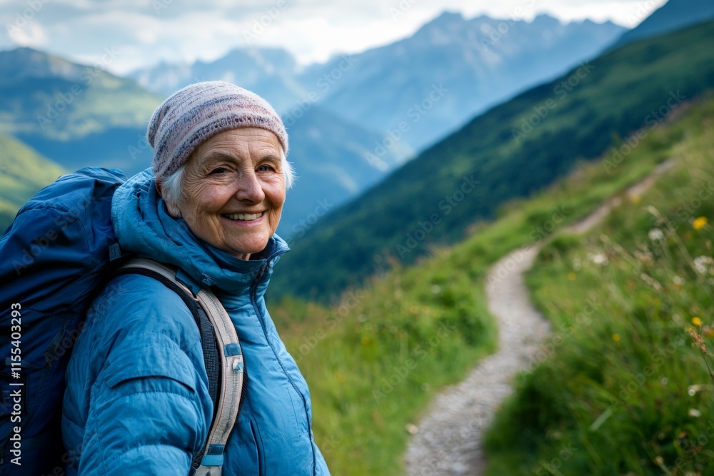 A smiling woman wearing blue hiking gear is seen on a lush mountain trail, framed by green meadows and stunning peaks rising in the background under a blue sky. A smiling woman wearing blue hiking gear is seen on a lush mountain trail, framed by green meadows and stunning peaks rising in the background under a blue sky.