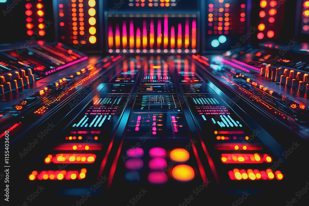 Obraz premium Vibrant and Innovative Sound Board with a Futuristic Design Showcasing a Multitude of Colorful Controls and Lights Creating an Energetic and Engaging Atmosphere for Music Production