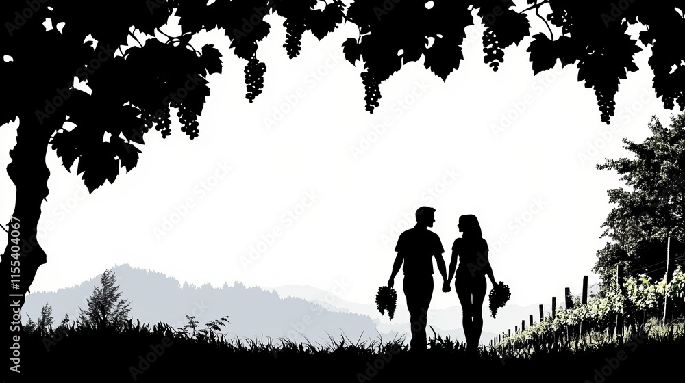 Couple Exploring Vineyard and Picking Grapes Together During a Sunny Day Couple Exploring Vineyard and Picking Grapes Together During a Sunny Day