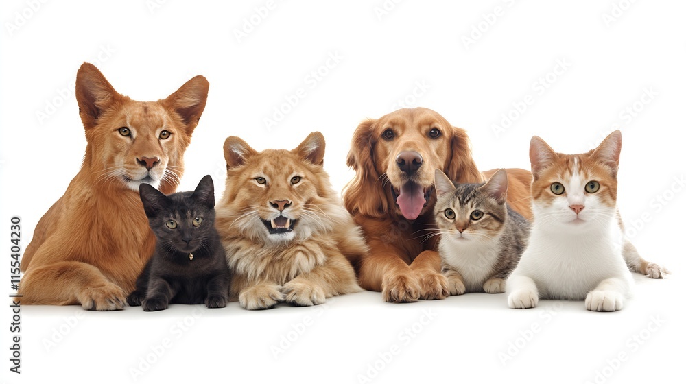 A diverse group of cats and dogs posing together on a seamless white background : Generative AI A diverse group of cats and dogs posing together on a seamless white background : Generative AI