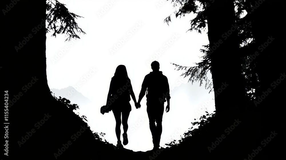 Romantic Couple Holding Hands While Hiking Through Scenic Nature Trail Romantic Couple Holding Hands While Hiking Through Scenic Nature Trail