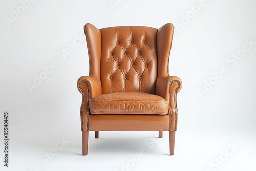 A light brown vintage-style leather chair showcasing a high back, distinctive winged sides, and wooden legs, perfect for any classic and refined interior decor. photo