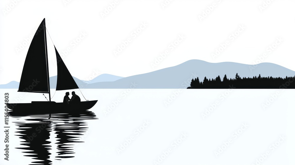 Fototapeta premium Romantic Couple Sailing on a Peaceful Lake with Reflections of the Mountains