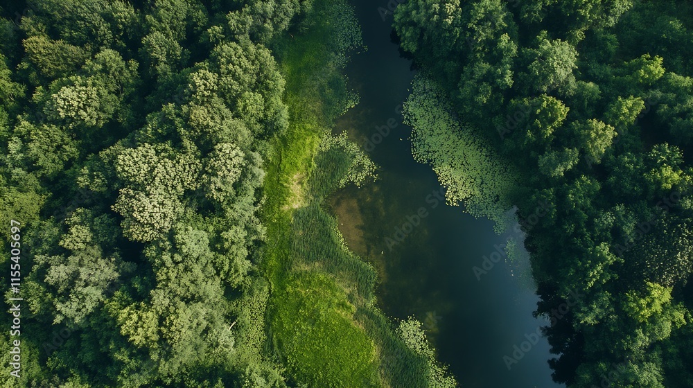 Aerial View of Verdant Forest and Serene River Creating a Stunning Natural Landscape : Generative AI Aerial View of Verdant Forest and Serene River Creating a Stunning Natural Landscape : Generative AI