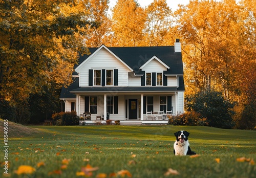 Beautiful suburban home surrounded by vibrant autumn foliage, showcasing a welcoming front porch and a playful dog in the lush green yard under golden trees.