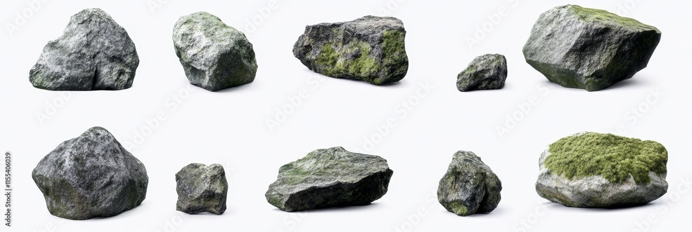 Collection of Studio Shot Mossy Rocks and Stones - Ten diverse mossy rocks and stones, symbolizing nature, strength, resilience, time, and grounding. Perfect for landscaping, gardening, or design pro Collection of Studio Shot Mossy Rocks and Stones - Ten diverse mossy rocks and stones, symbolizing nature, strength, resilience, time, and grounding. Perfect for landscaping, gardening, or design pro