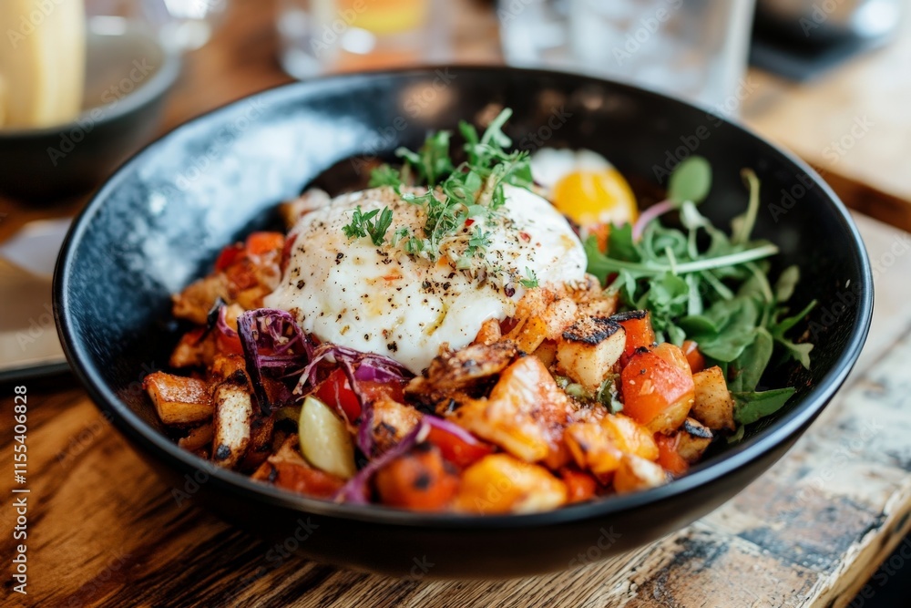 A vibrant breakfast bowl featuring a perfectly poached egg atop a medley of colorful vegetables, highlighting the freshness and diversity of healthy cuisine. A vibrant breakfast bowl featuring a perfectly poached egg atop a medley of colorful vegetables, highlighting the freshness and diversity of healthy cuisine.