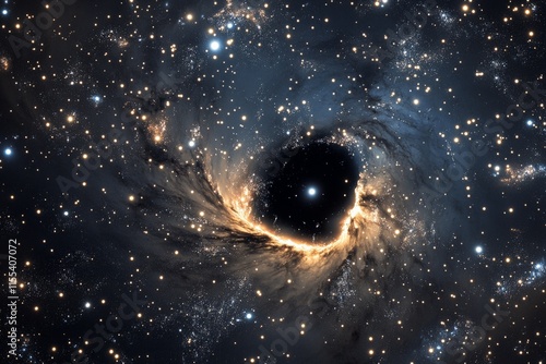 An enchanting black hole is centered in a cosmic landscape, surrounded by bright stars and nebulae, highlighting the day's most fascinating astronomical phenomena. photo