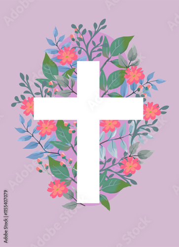 Christian floral cross.  Easter holiday background. Baptism Invitations, First Communion, and Easter vector template card.