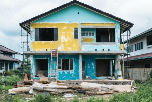 A partially painted house stands amidst scaffolding, with shades of blue and yellow representing the ongoing creative process and human endeavor of home renovation. photo