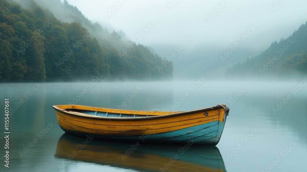 A serene lake scene featuring a solitary yellow boat amidst misty mountains. A serene lake scene featuring a solitary yellow boat amidst misty mountains.