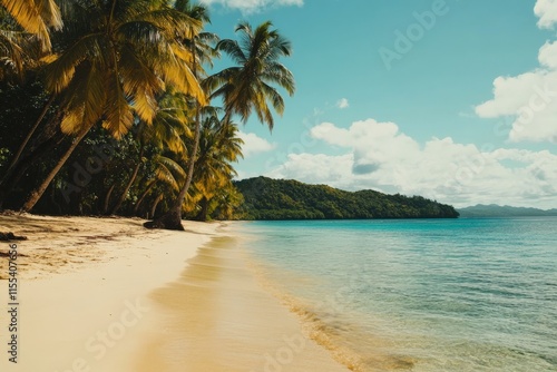 A serene tropical beach lined with palm trees, calm waves lapping the golden sand, under a vibrant blue sky, creating a paradise-like setting of tranquility. photo